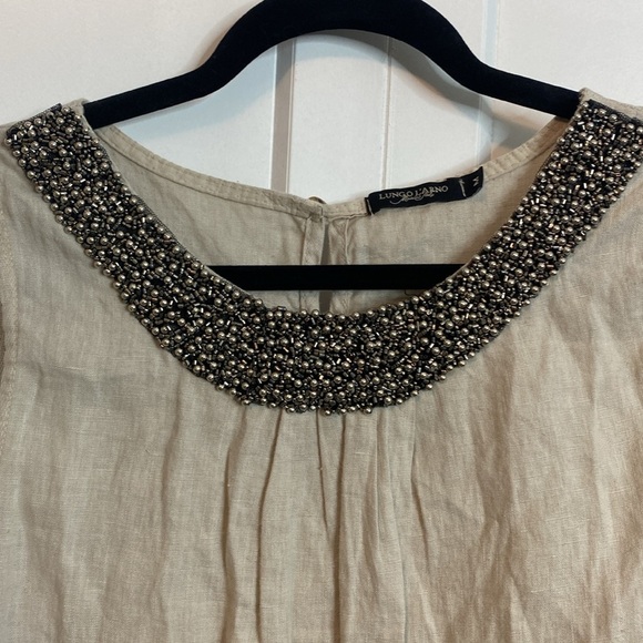 Lungo L'Arno | Taupe Beige Dress with Beaded Neckline -Linen Cotton - Medium - Picture 3 of 9
